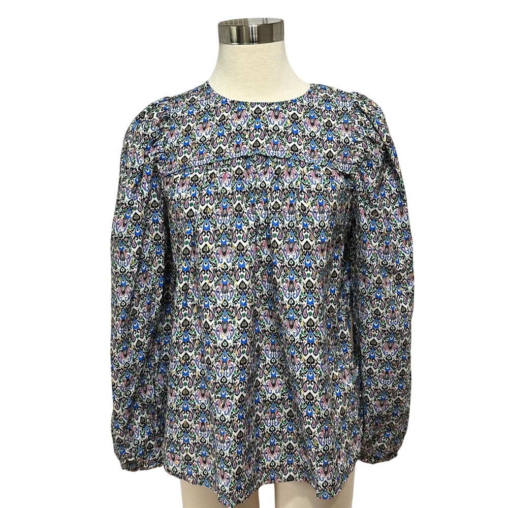Munthe Justy Puff Shoulder Blouse Womens 6 Peacock Organic Cotton Silk‎ Chic NWT